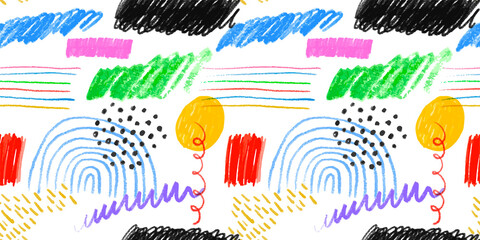 Colorful children pencil doodle seamless pattern . Childish freehand scribble and hand drawn crayon shapes background. © Dedraw Studio