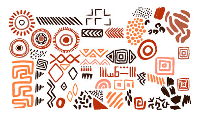 Abstract african art shapes collection, tribal doodle decoration set. Authentic ethnic shapes, animal print texture and traditional hand drawn boho symbols. - obrazy, fototapety, plakaty