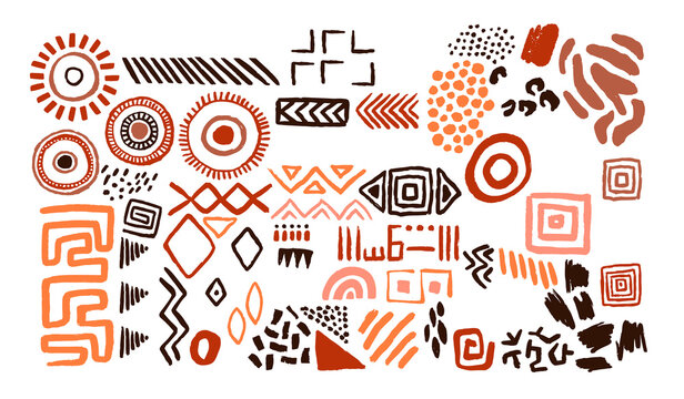 Abstract african art shapes collection, tribal doodle decoration set. Authentic ethnic shapes, animal print texture and traditional hand drawn boho symbols.
