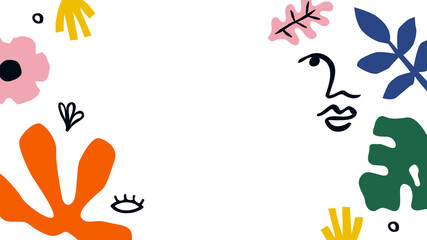 Colorful abstract shape background template. Empty white copy space  with retro tropical nature decoration in contemporary art style. © Dedraw Studio