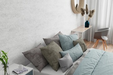 A 3d rendering of a modern bedroom with white curtains