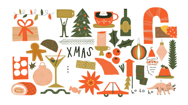 Set of christmas doodle and abstract xmas icons on isolated background. Quirky hand drawn holiday collection, retro shapes in funny cartoon art style. Includes santa claus, pine tree, and ornament.