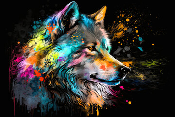 Colorful portrait of a wolf with abstract colorful splashes on a black background