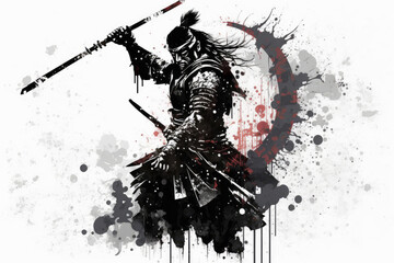 Sumi-e samurai wielding a sword, Generative AI  © HiroSund