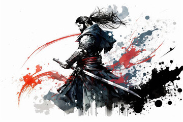 Naklejka na ściany i meble Sumi-e samurai wielding a sword, Generative AI 