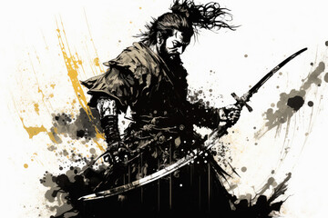 Sumi-e samurai wielding a sword, Generative AI	 - obrazy, fototapety, plakaty