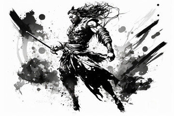 Sumi-e samurai wielding a sword, Generative AI  © HiroSund