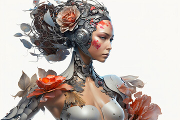 Robot woman beautiful and flower, generative ai