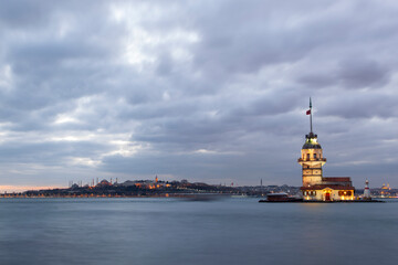 Sunset Colors in the Maidens Tower Drone Photo, Uskudar Istanbul , Turkiye	