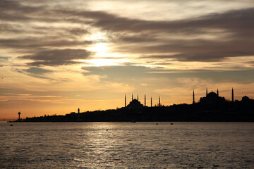 Blue Mosque and Hagia Sophia Mosque Drone Photo, Eminonu Fatih, Istanbul Turkiye	
