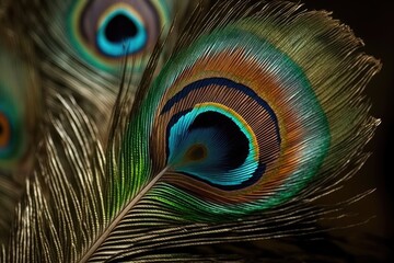 A peacock feather up close in the background. Generative AI