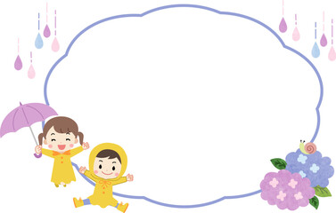 梅雨・紫陽花　傘とレイコートを着た子供のイラスト吹き出しフレーム素材