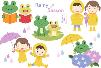梅雨・紫陽花　レインコートを着た子供とカエルのイラスト素材セット
