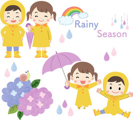 梅雨・紫陽花　レインコートを着た子供のイラスト素材セット