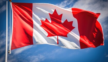 July 1 - Canada Day, Canada flag waving against the blue sky, generative ai