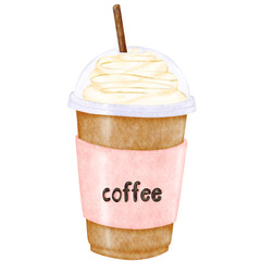 An iced coffee topped with fluffy whipped cream in a clear plastic cup with a lid,  a straw and lettering