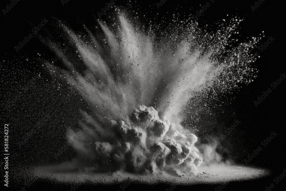Poster white particles moving slowly against a dark background. explosion of powder. textured layer of abst