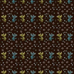 Seamless pattern with birds and leaves on dark background 