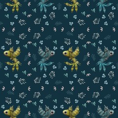 Seamless pattern with birds and leaves 