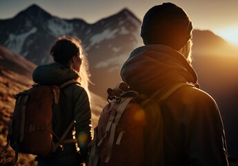 Back view couple of hikers in the mountains at sunrise, generative ai