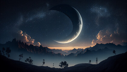 Fototapeta premium Night sky with moon and stars, the moon in the sky with stars and clouds, Generative AI