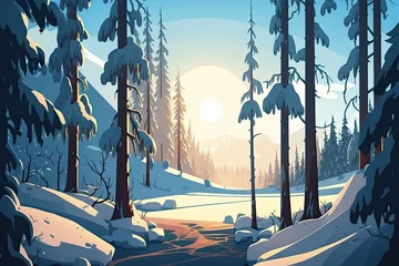 Foto op Canvas Majestic Winter Wonderland: A Cartoon-Style Forest Landscape of Snow and Ice. Generative AI © AIGen