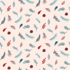 Obraz na płótnie Canvas Christmas seamless pattern with elements of Christmas tree branches and flowers. Illustration for vector images. Texture for printing and fashion design