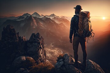 White Adult Man Embarking on Adventure to Summit Mountain Peak & Watch Spectacular Sunset. Generative AI