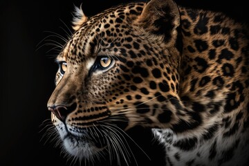 Wild leopard in close up on a dark background. Generative AI