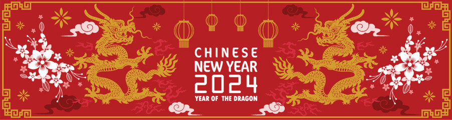 Happy chinese new year 2024 year of the chinese dragon zodiac with on color Background. ( Translation : happy new year, chinese dragon )