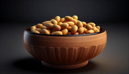 A bowl of peanuts sits on a table with a dark background, Generative AI