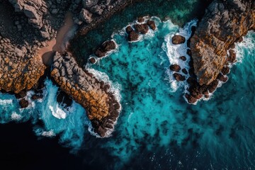 Drone shot aerial image of a slide turning on a view of the calm, aquamarine sea and lava rocks. Sea surface and rocky shore pattern. Greek Thracian Sea Coast of the peninsula is rocky. Generative AI