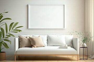 Blank horizontal poster frame mock up in minimal white style living room interior, modern living room interior background, Ai generative.	 - obrazy, fototapety, plakaty