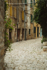 Historic city postcard view - beautiful narrow street of medieval Rovinj Croatia
