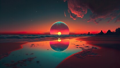 Pink Horizon: A Breathtaking Sunset over the Sea with Stunning Reflections.Generative Ai.