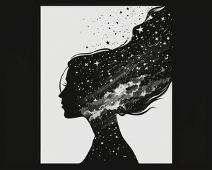 A woman’s silhouette with a balance of stars above her head Zodiac Astrology concept. AI generation.
