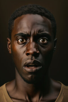 Generative AI image of amazed African American male with Afro hairstyle and opened mouth looking at camera against brown background