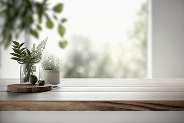 Wood Table and small plant in the foreground in the minimal interior room, AI Generative