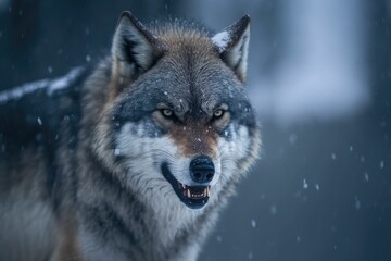 Snow mountain wolf growling face view. Generative AI.