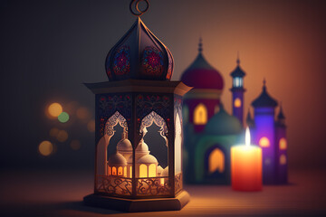 A night in Ramadan. A colorful mosque and a lantern with glowing evening light. 3d rendering made with Generative AI