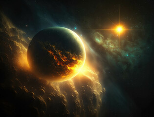 A closeup view of a mysterious planet in orbit around a distant star. Zodiac Astrology concept. AI generation.