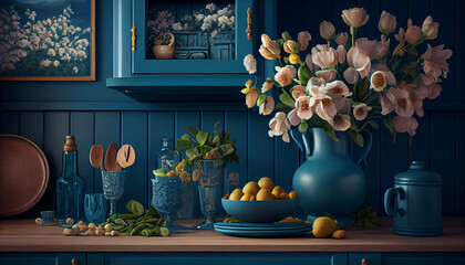 blue marine kitchen interior design  with furniture by generative ai