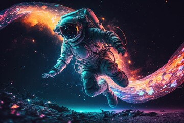 Obraz na płótnie Canvas An Astronaut surfing the nebula in his suit. Generative AI.