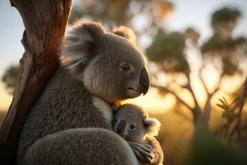 Naklejka premium Australian koala mother with her baby in her lap. Generative AI.