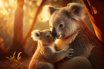 Koala mother caring for her baby. Generative AI.