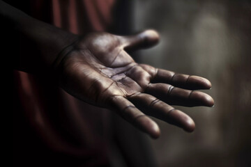 Fototapeta premium closeup of a dark skinned human open hand with blurred background, generative ai