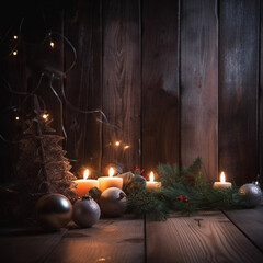 christmas decoration in front of a wooden background with candles and branches, modern and beautiful ornaments with negative space, generative ai