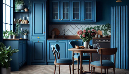 blue marine kitchen interior design  with furniture by generative ai