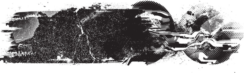 Glitch distorted grungy isolated banner . Design element for brochure, social media, posters, flyers. Overlay texture.Textured banner with Distress effect .Vector halftone dots . Screen print texture