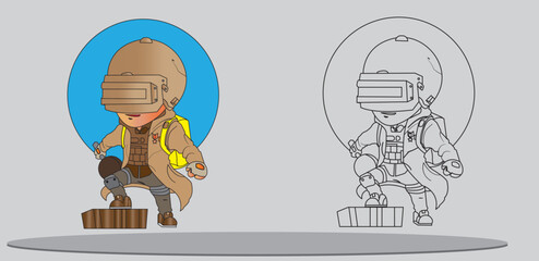 Illustration to online video game PUBG playerunknown's battlegrounds. Isolated on grey background. Man in military uniform.